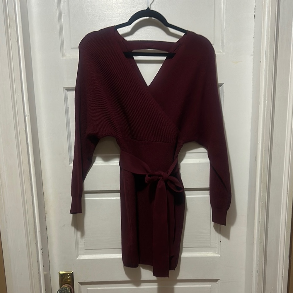 Elegant Burgundy Wrap Sweater Dress - Picture 3 of 7